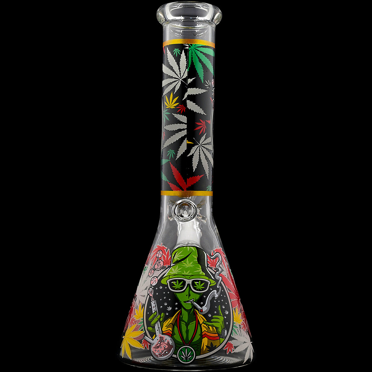 Aliens And Hemp Leaves Glow Glass Beaker Water Pipe-10" / 14mm F / Designs Vary