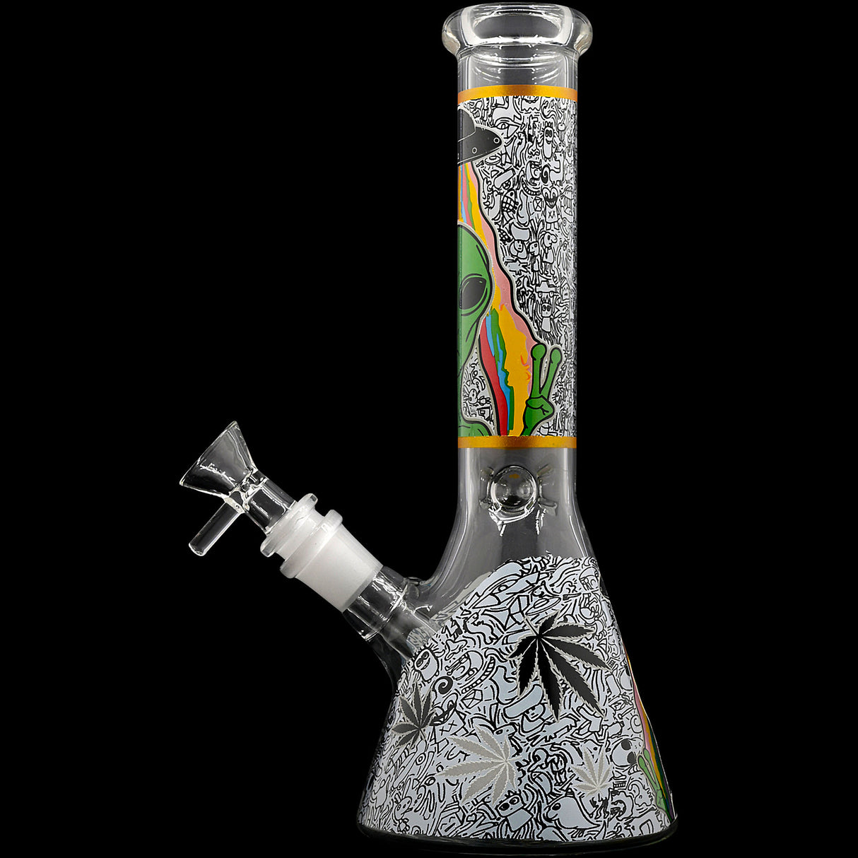 Aliens And Hemp Leaves Glow Glass Beaker Water Pipe-10" / 14mm F / Designs Vary