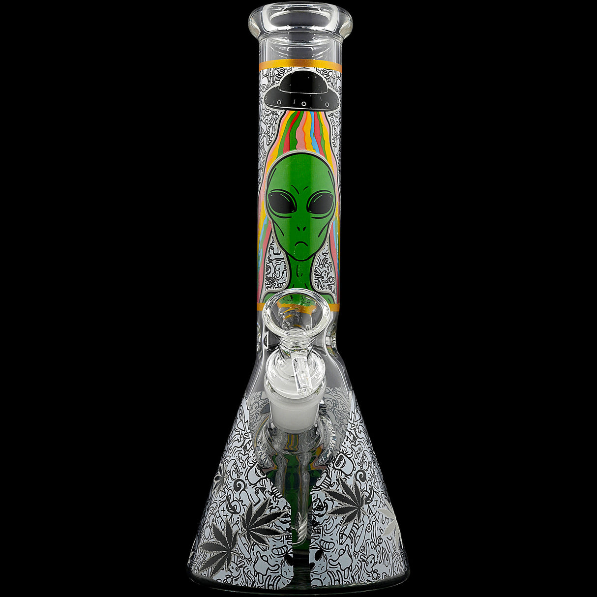 Aliens And Hemp Leaves Glow Glass Beaker Water Pipe-10" / 14mm F / Designs Vary