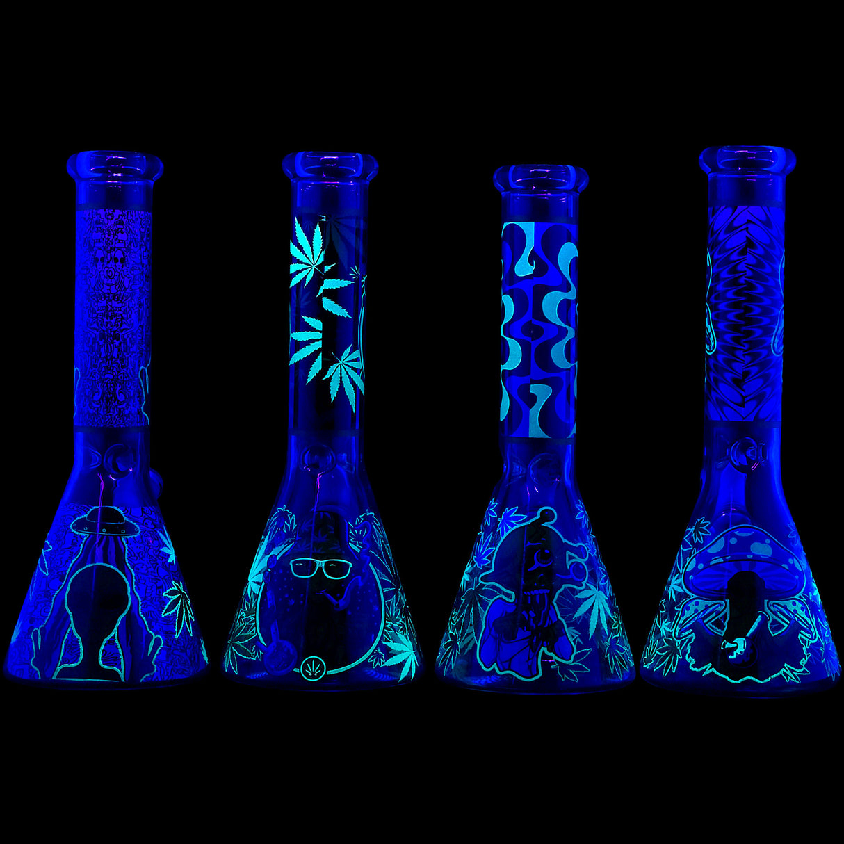 Aliens And Hemp Leaves Glow Glass Beaker Water Pipe-10" / 14mm F / Designs Vary