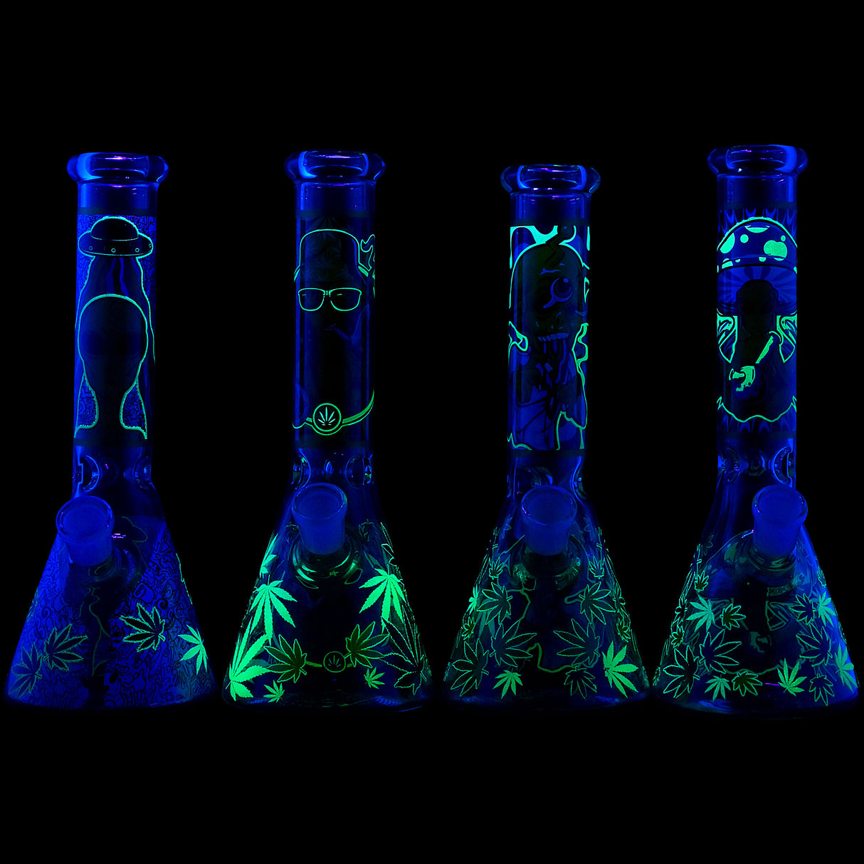 Aliens And Hemp Leaves Glow Glass Beaker Water Pipe-10" / 14mm F / Designs Vary