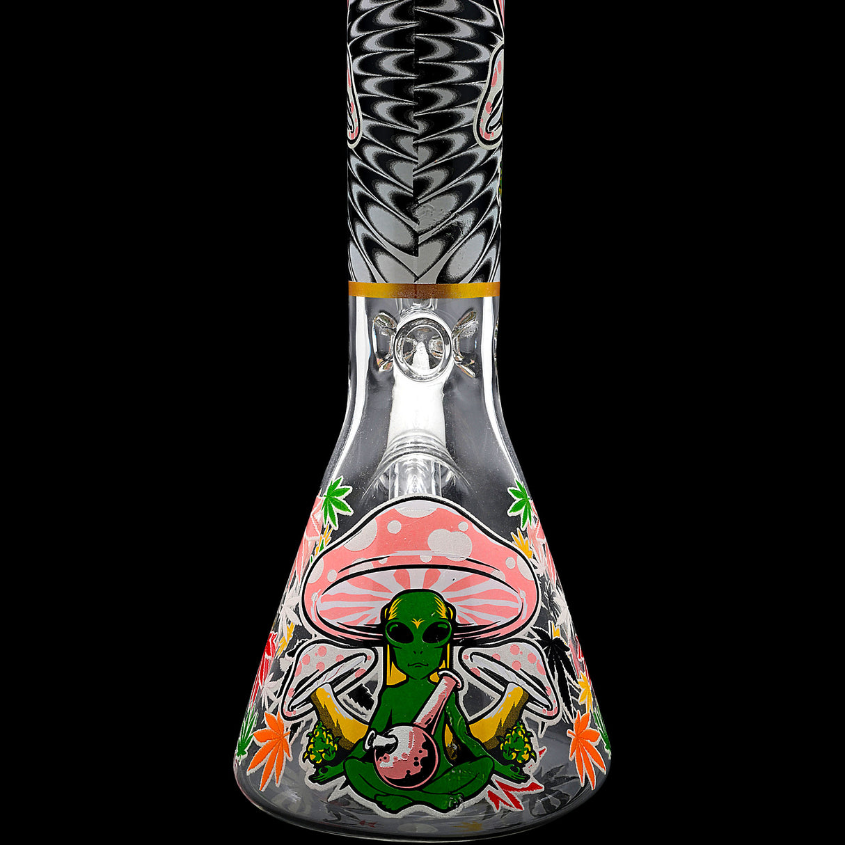 Aliens And Hemp Leaves Glow Glass Beaker Water Pipe-10" / 14mm F / Designs Vary