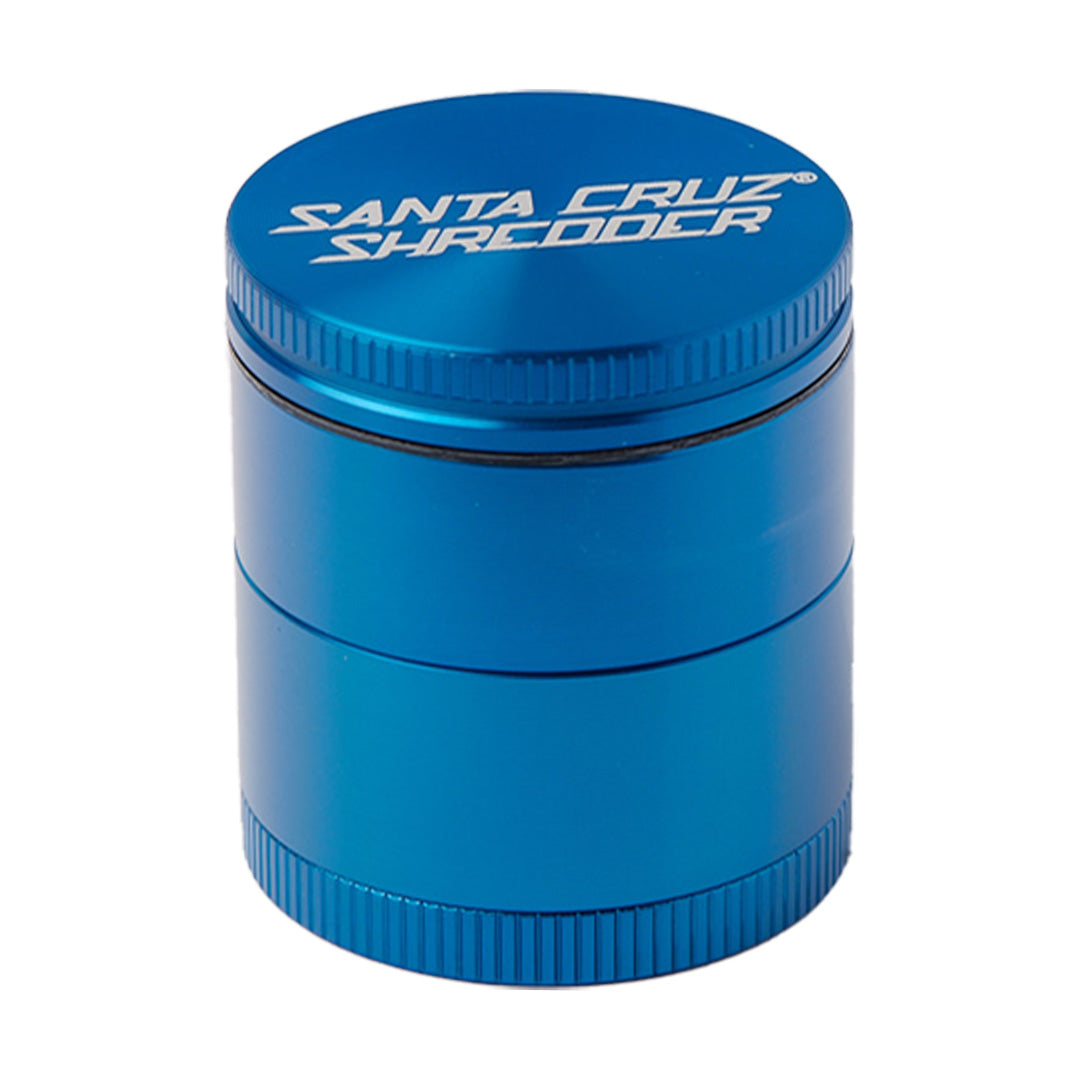 Santa Cruz Shredder Medium 4-Piece Grinder in Blue, Front View, Portable Aluminum Design for Dry Herbs