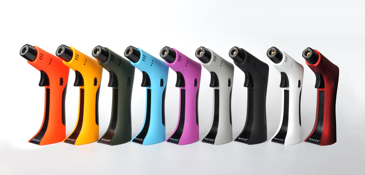 Maven Torch Thunder dab rig torches in various colors with windproof jet flames and safety locks