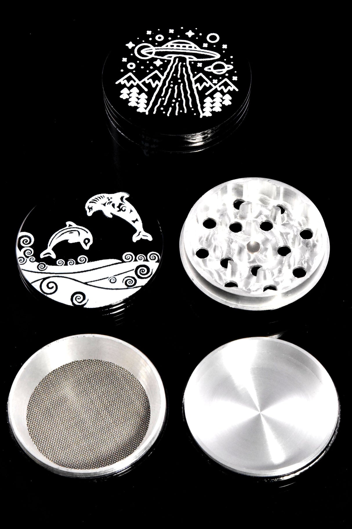 Black 4-Part Decal Metal Herb Grinder “Ink Caps” – 1¾″, 2″, 2½″ – Assorted