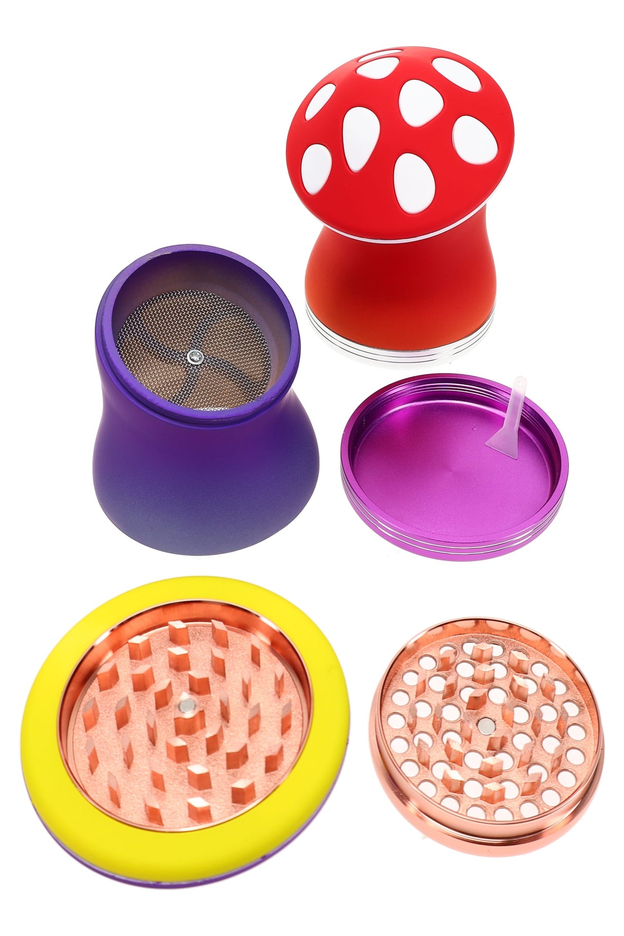 4-Part Metal Mushroom Herb Grinder “Toadstool Twist” – 2¼″ – Assorted Colors