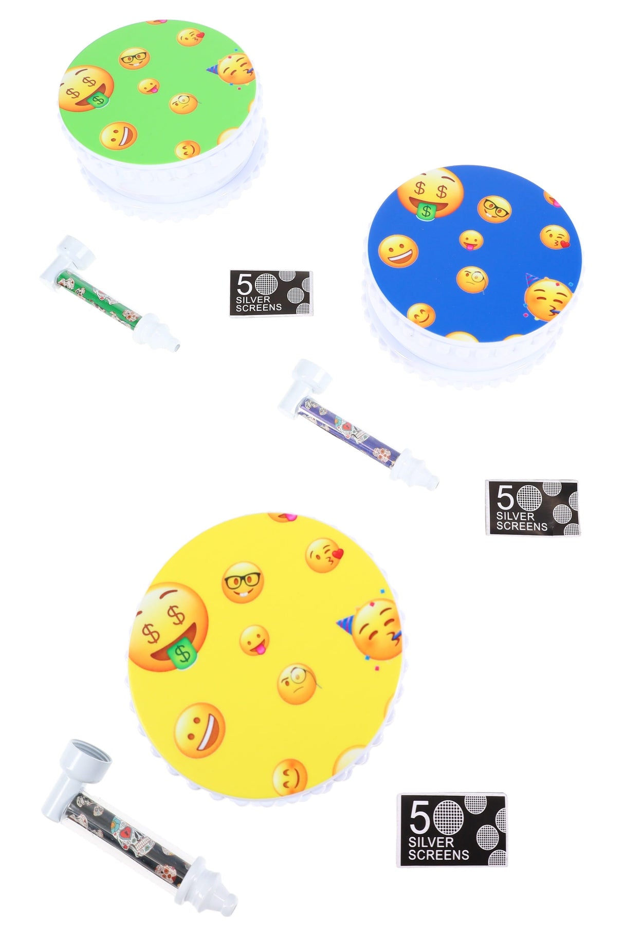Plastic 4″ 3-Part Grinder + Metal Pipe “Emoji Stash” Set – 5 Screens – Assorted Colors