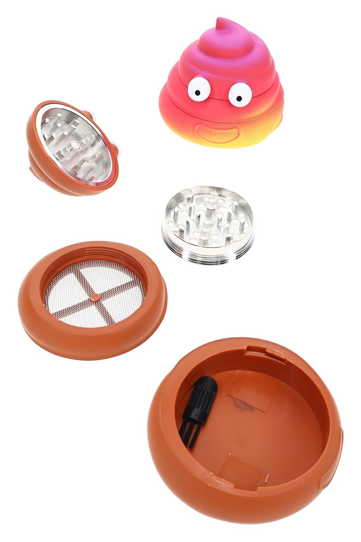 Plastic & Metal Poop Emoji Herb Grinder “Cheeky Chomp” – 1¾″ – Assorted Colors