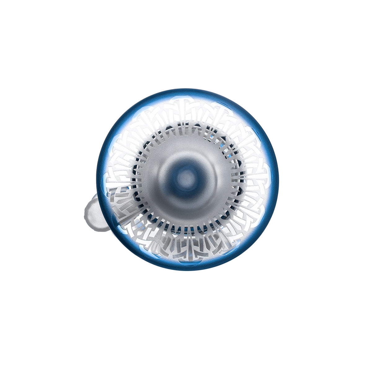 Top view of Calibear Torus Can Bong with Sandblasted Seed of Life Perc and blue accents