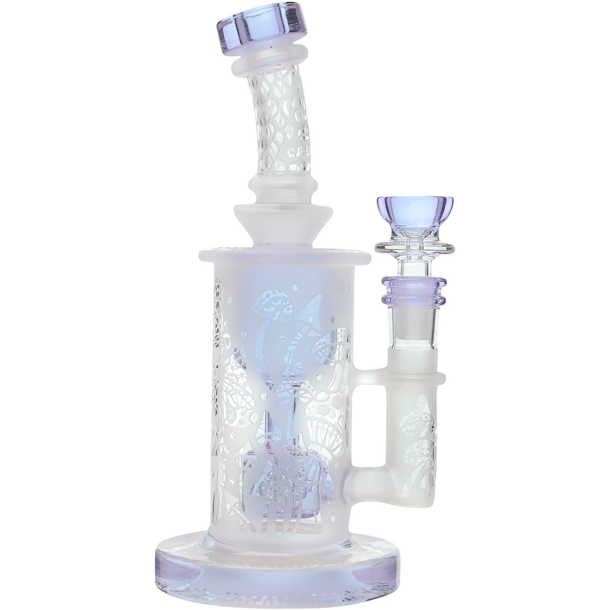 Calibear Seed of Life Perc Torus Can Bong with Sandblasted Design and Bent Neck, Front View