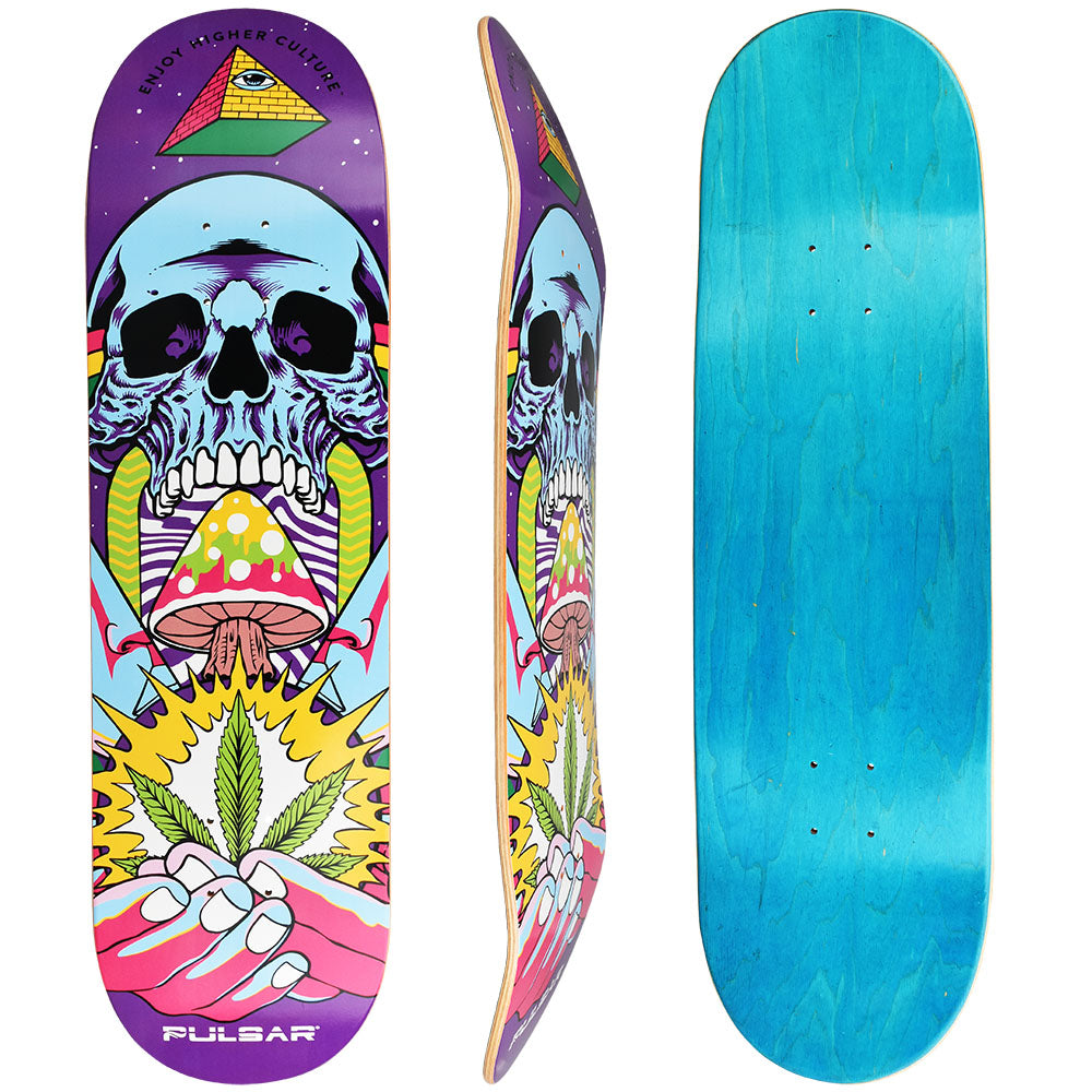 Pulsar SK8 Deck 'Source Of Life' design with vibrant skull and mushroom graphics, front and side views