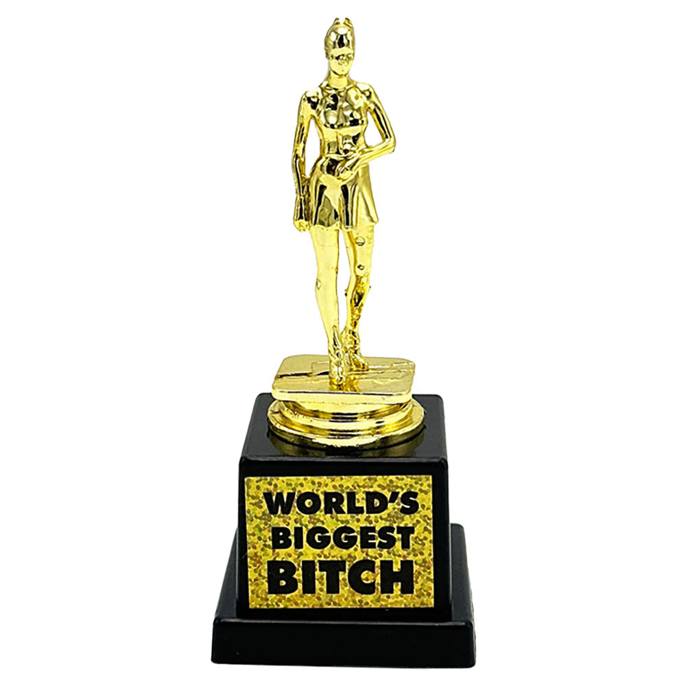 Gold-tone 'World's Biggest Bitch' trophy on black base, front view, perfect gag gift for stoner-mom