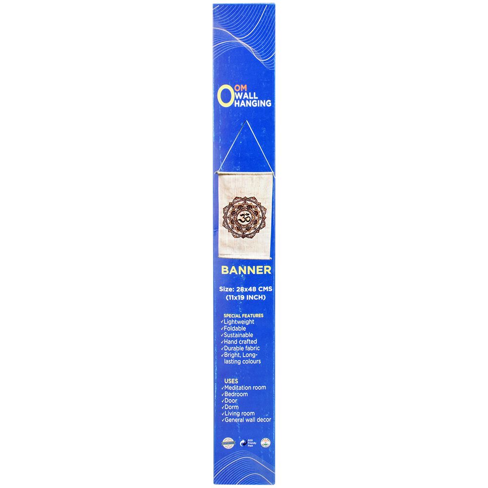 ThreadHeads Om Mandala Wall Hanging packaging front view showcasing the 18" x 11" size and design