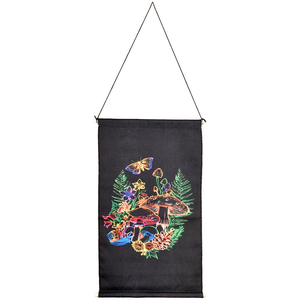 Threadheads Cosmic Mushroom Wall Hanging, 18" x 11", vibrant embroidery on black