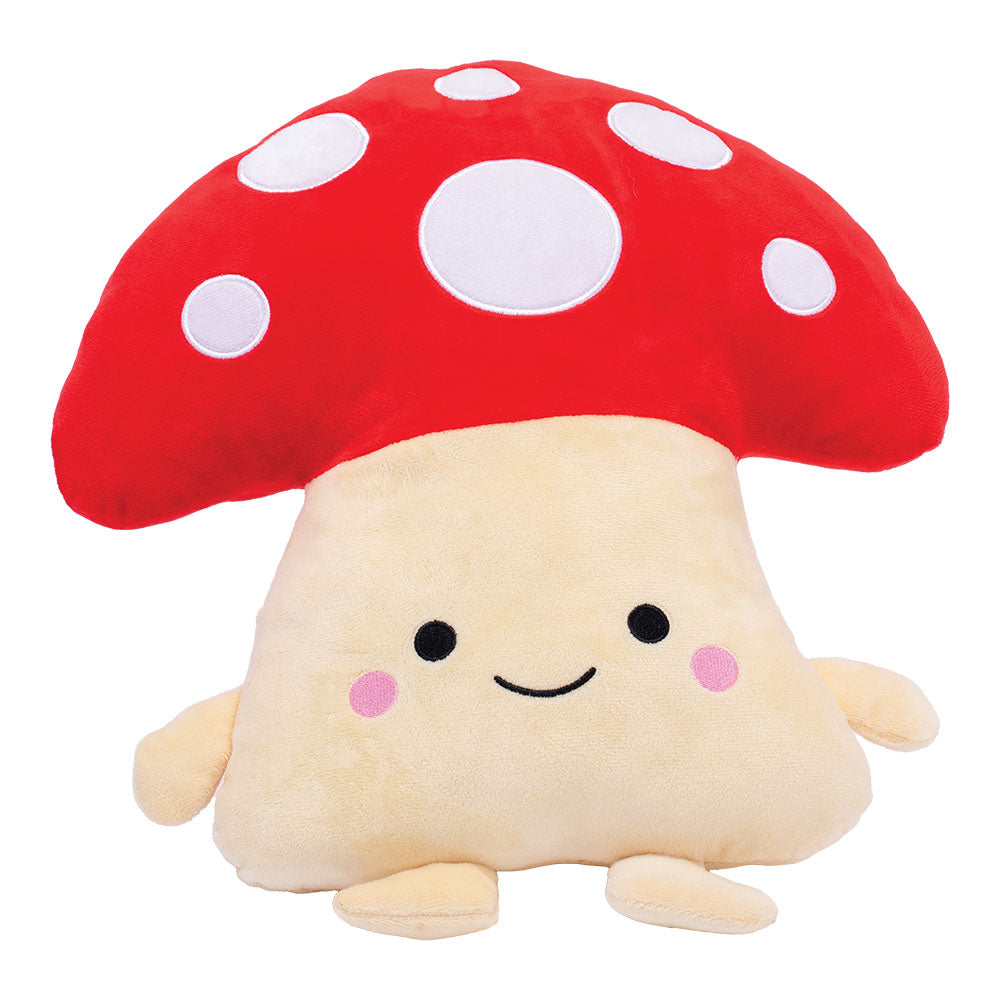 16" Red Mushroom Plush Buddy with a smiling face, front view on a seamless white background