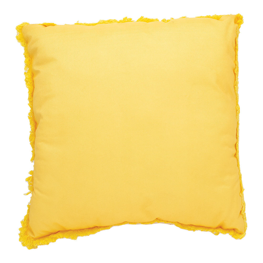 Bright yellow Green Leaf Smiley Face Plush Pillow with frayed edges, front view on white background