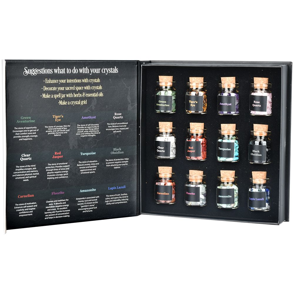 12PC SET Crystals For Spells in Faux Book, Open View with Labeled Crystal Bottles