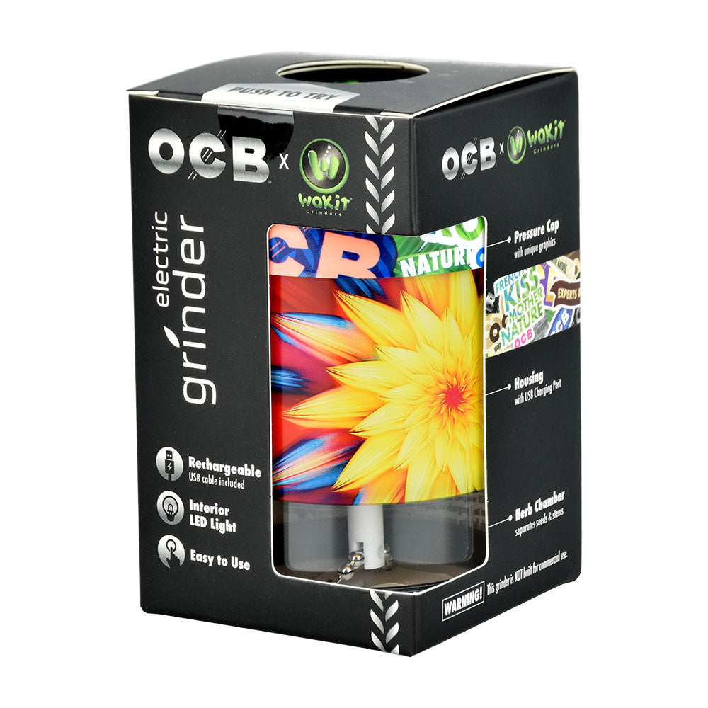 OCB x Wakit Electric Grinder in packaging, rechargeable with LED light, easy to use
