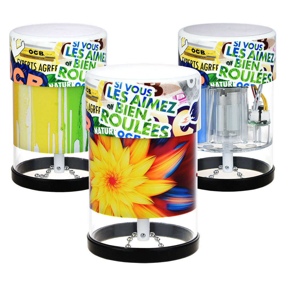 OCB x Wakit Electric Grinder trio with vibrant designs, front and side views displayed