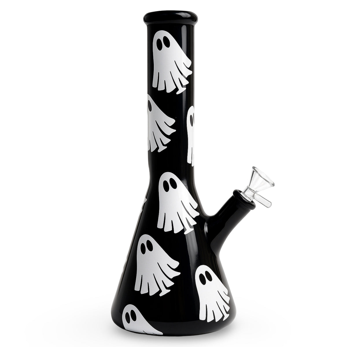 The Weed Box 10 inch Ghost Bong beaker bong in matte black with white ghost print, front view