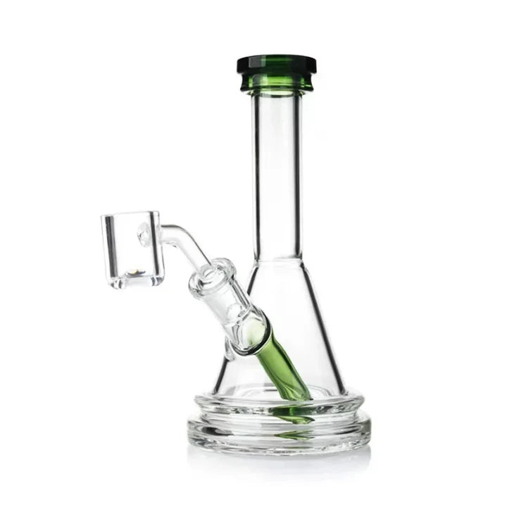 1Stop Glass 7" Mini Beaker Dab Rig in Clear with Green Accents, Front View