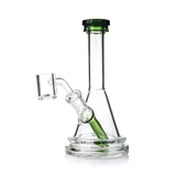 1Stop Glass 7" Mini Beaker Dab Rig in Clear with Green Accents, Front View