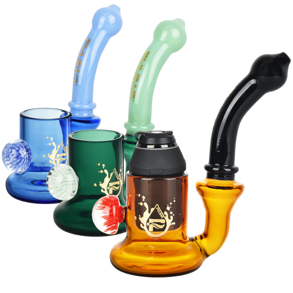 Pulsar Sherlock Pipe Attachments for Puffco Proxy in blue, green, amber, and black, angled view