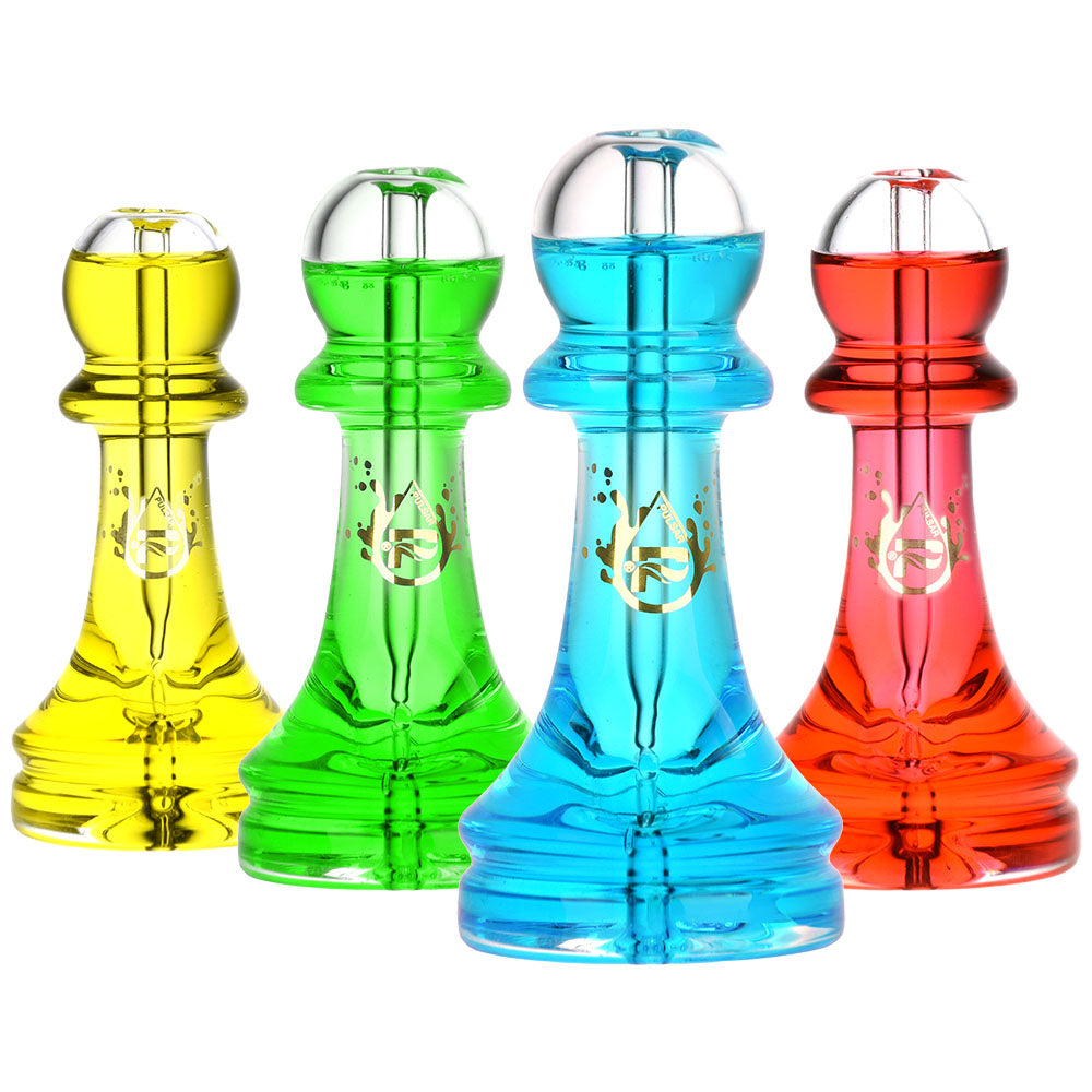 Pulsar Pawn Chess Piece Glycerin Hand Pipes in yellow, green, blue, and red borosilicate glass, front view