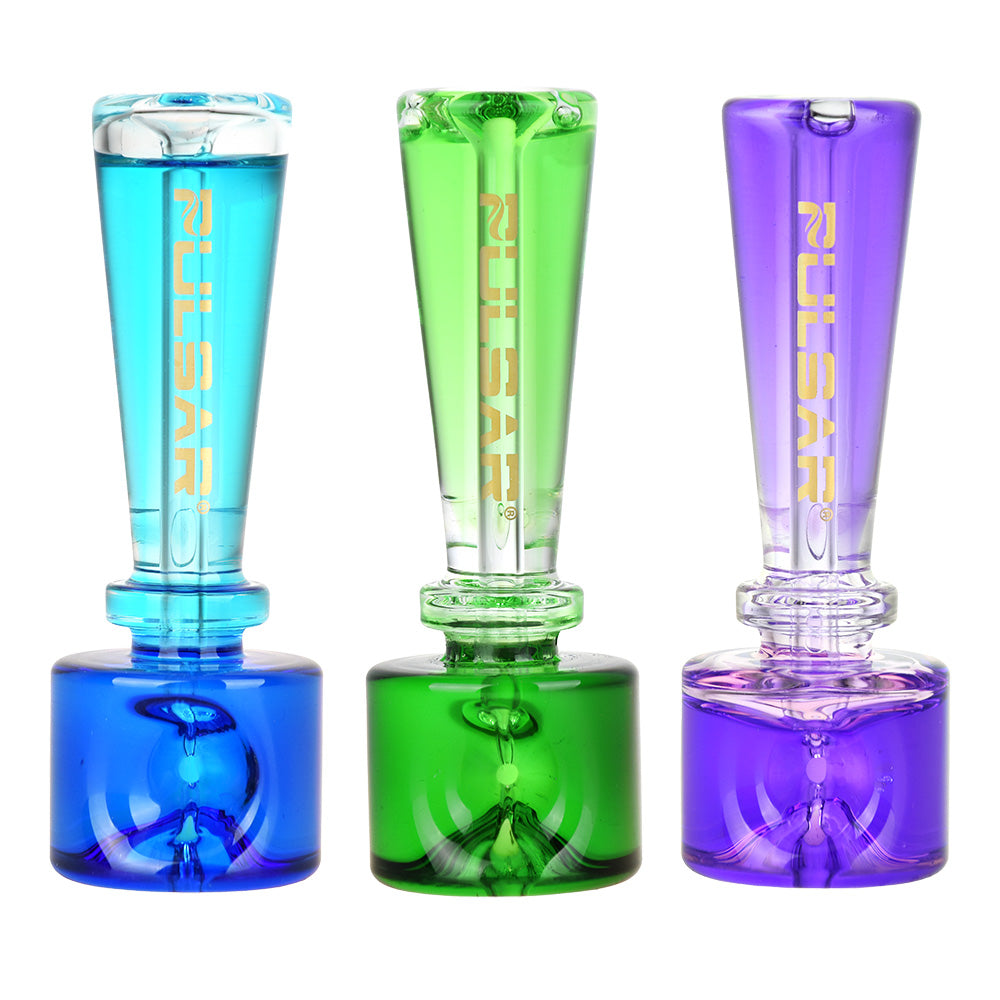 Pulsar Stacked Geometric Glycerin Hand Pipes in Blue, Green, Purple - Front View