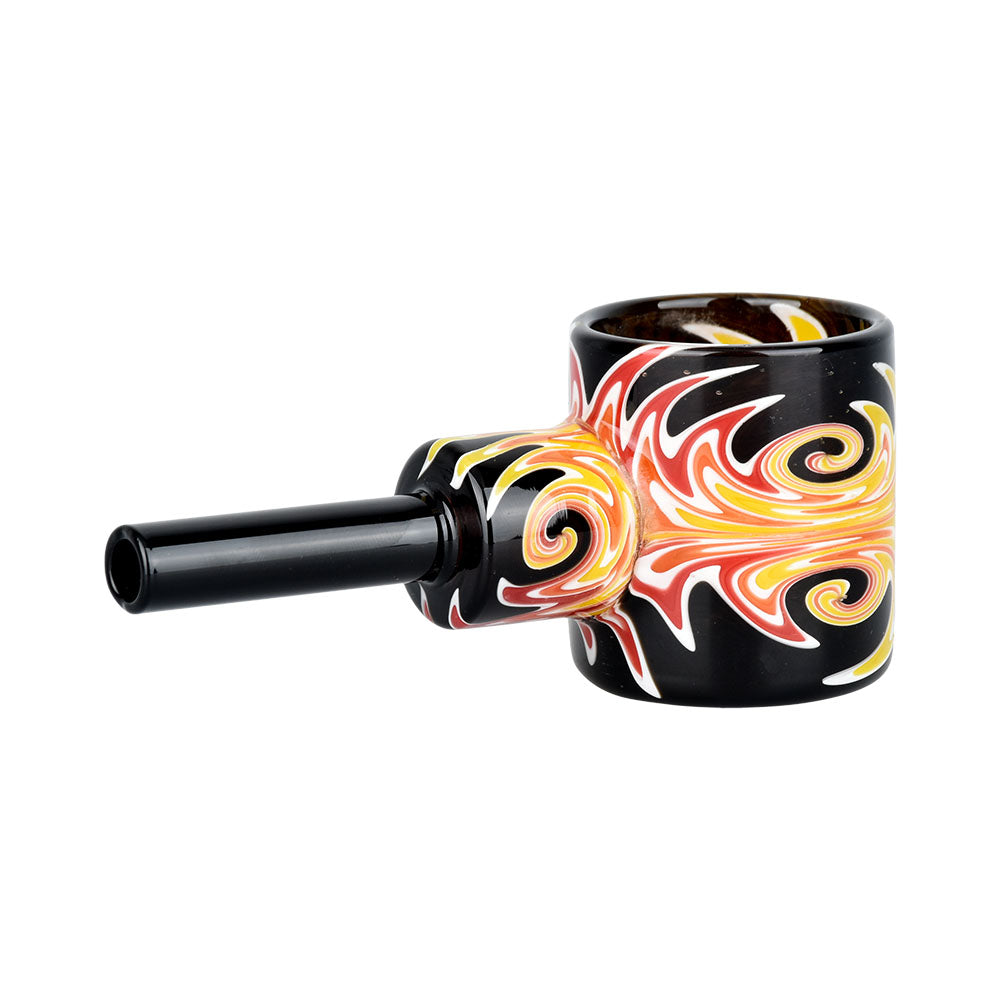 Pulsar Fire Phoenix Hand Pipe Attachment with vibrant flame design, Borosilicate Glass, Side View