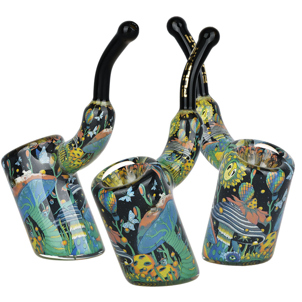 Pulsar Bent Sherlock Hand Pipes with Garden of Cosmic Delights design, angled views