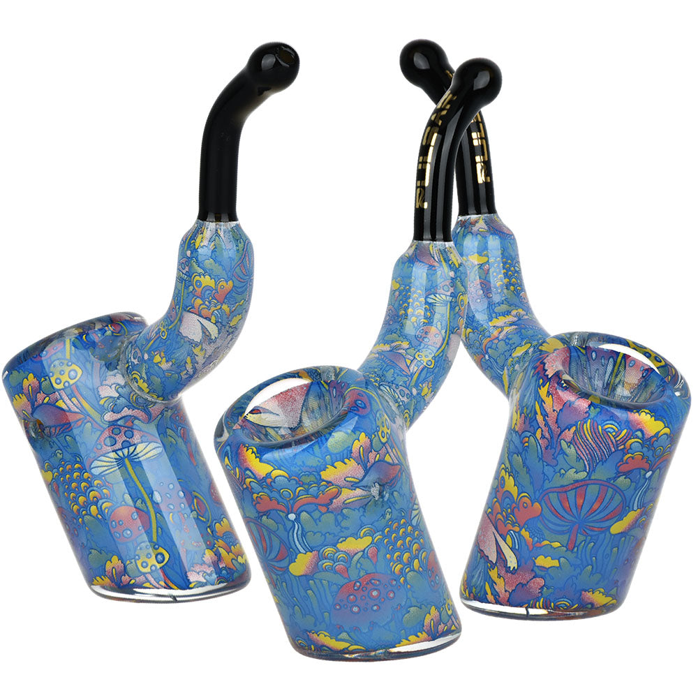 Pulsar 4" Bent Sherlock Hand Pipes with Neon Shrooms Inside Print, Borosilicate Glass, Angled View