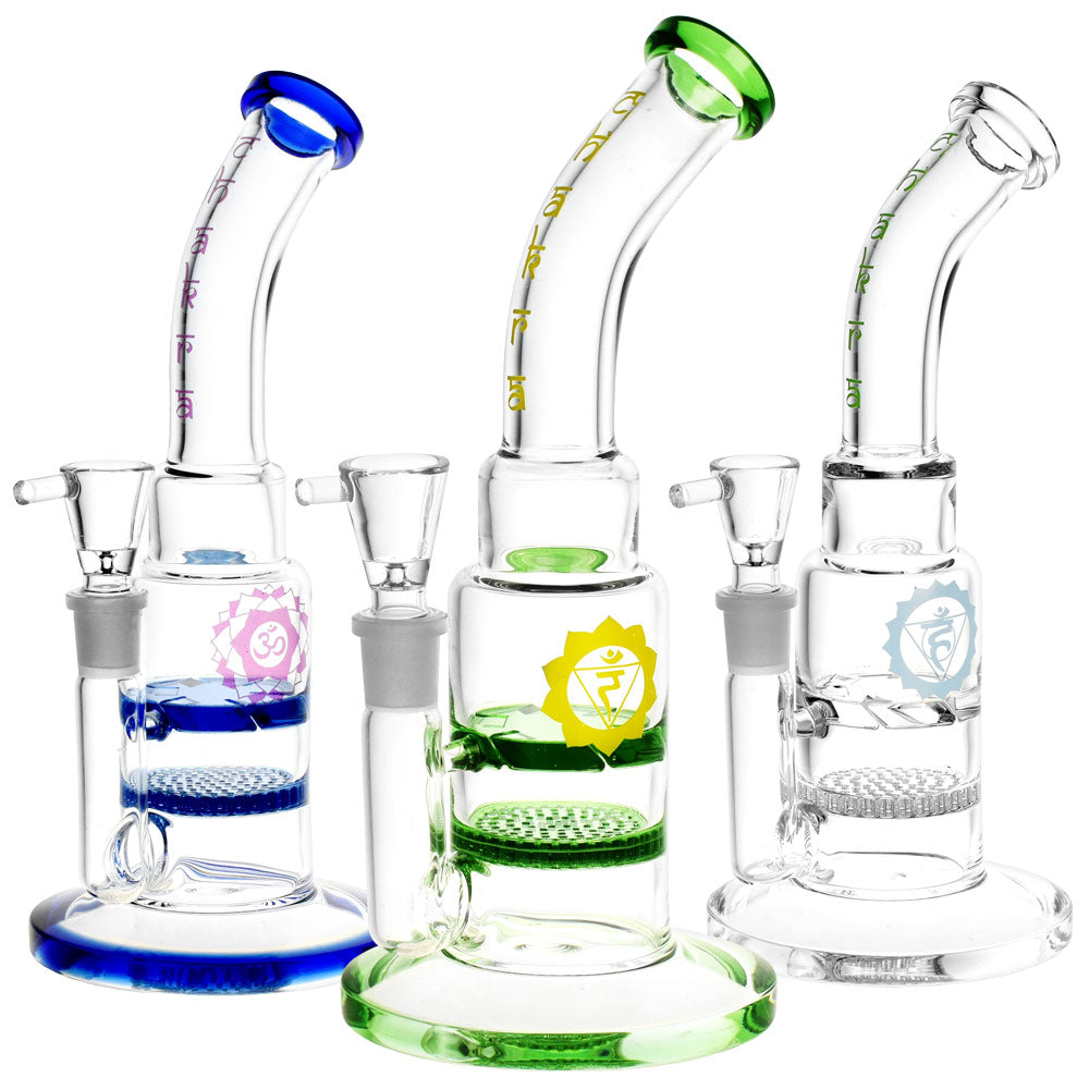 Assorted colors Honeycomb & Vortex Perc Water Pipes with a 90 degree joint angle and 9" height
