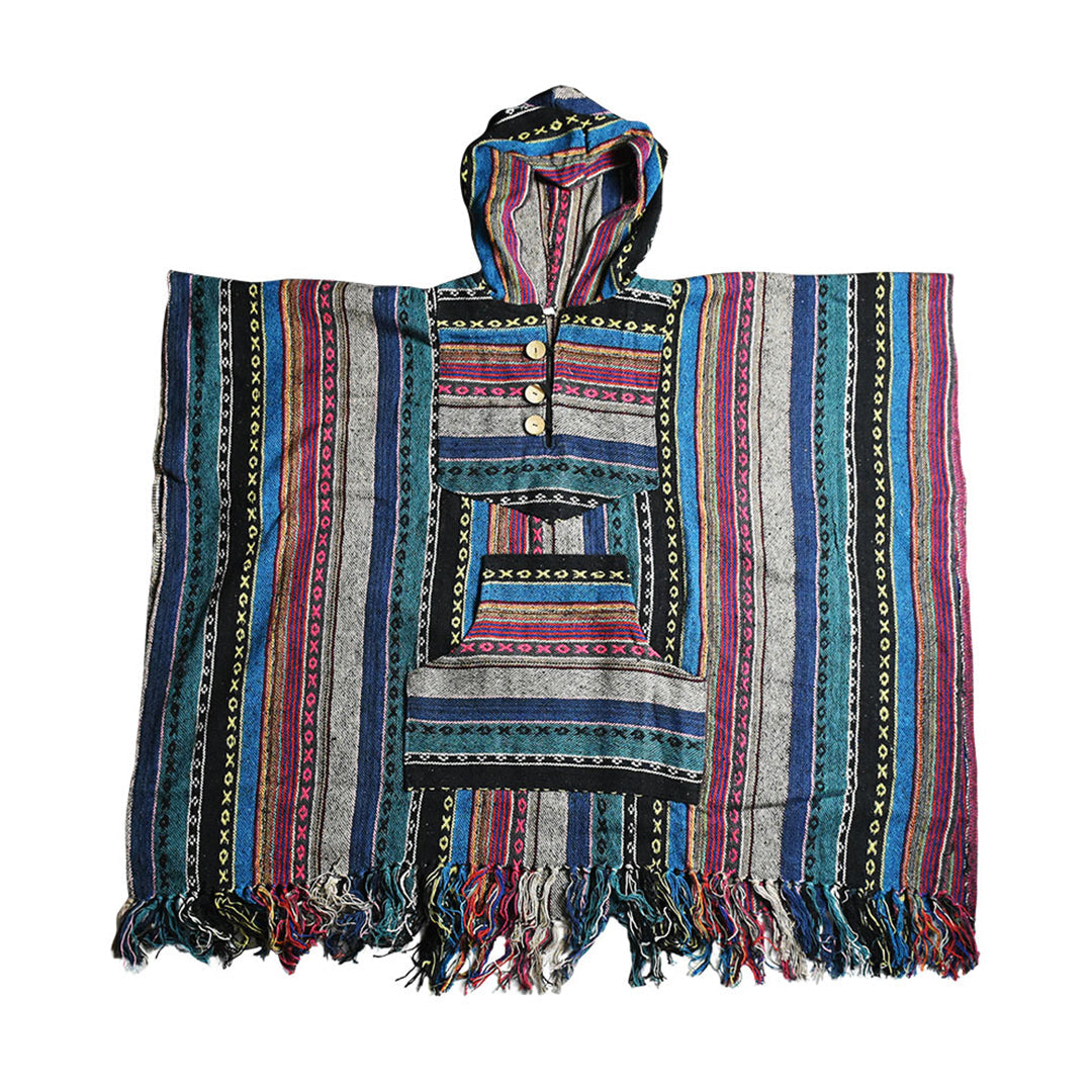 ThreadHeads Poncho front view, cozy cotton with hood and pockets, colorful striped pattern