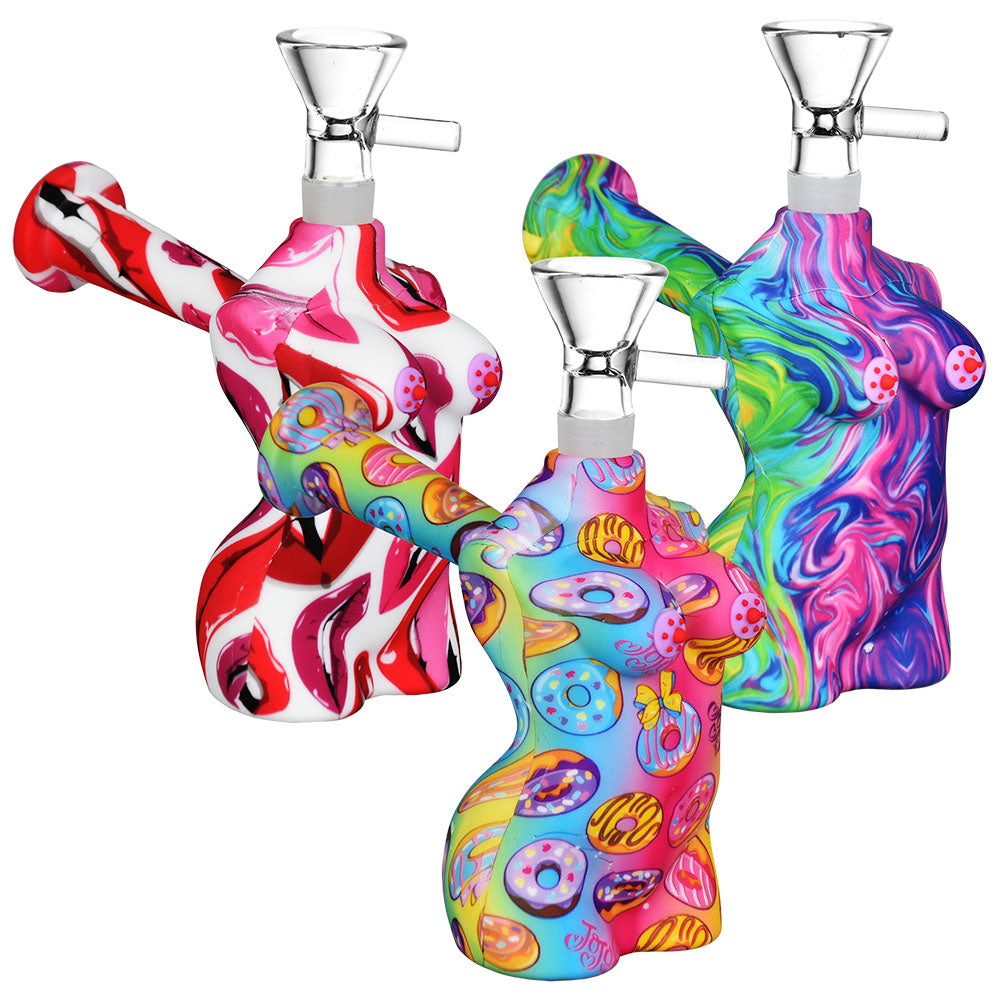 Assorted Hot Bod Silicone Bubblers, 3.75" with 14mm Female Joint, Borosilicate Chillum, Side View
