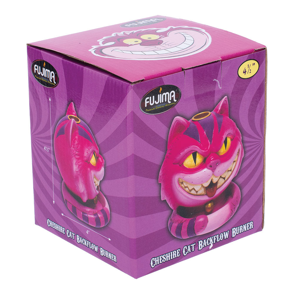 Fujima Cheshire Cat Backflow Incense Burner in packaging with vibrant design
