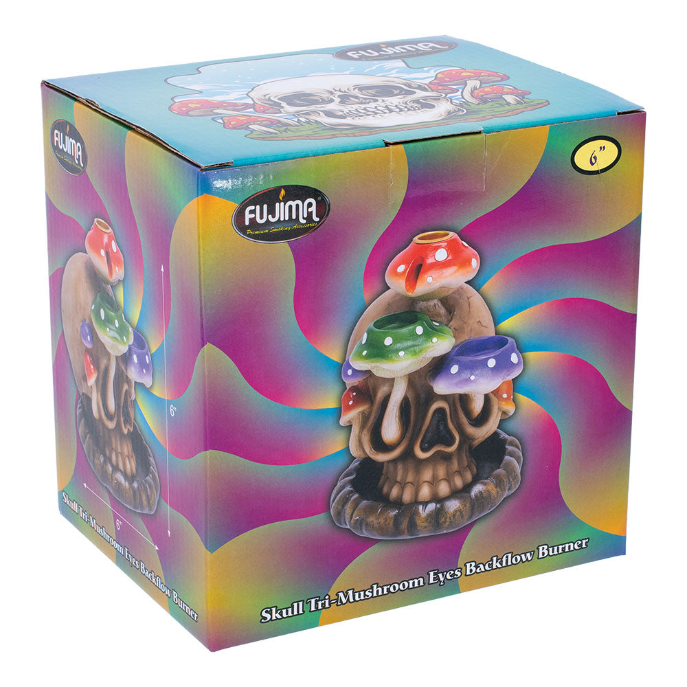 Fujima 6" Tri-Mushroom Skull Backflow Incense Burner in Box, Psychedelic Design
