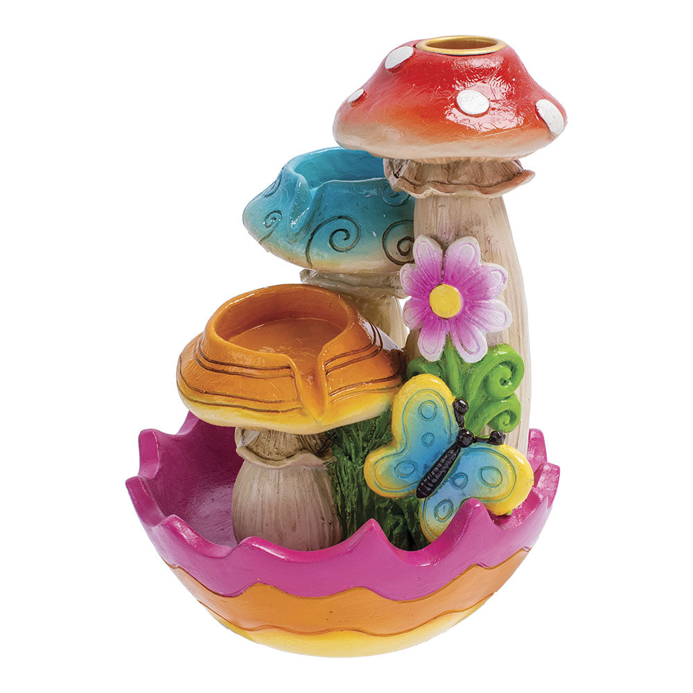 Fujima Tri-Mushroom Flower Backflow Incense Burner, colorful polyresin, front view