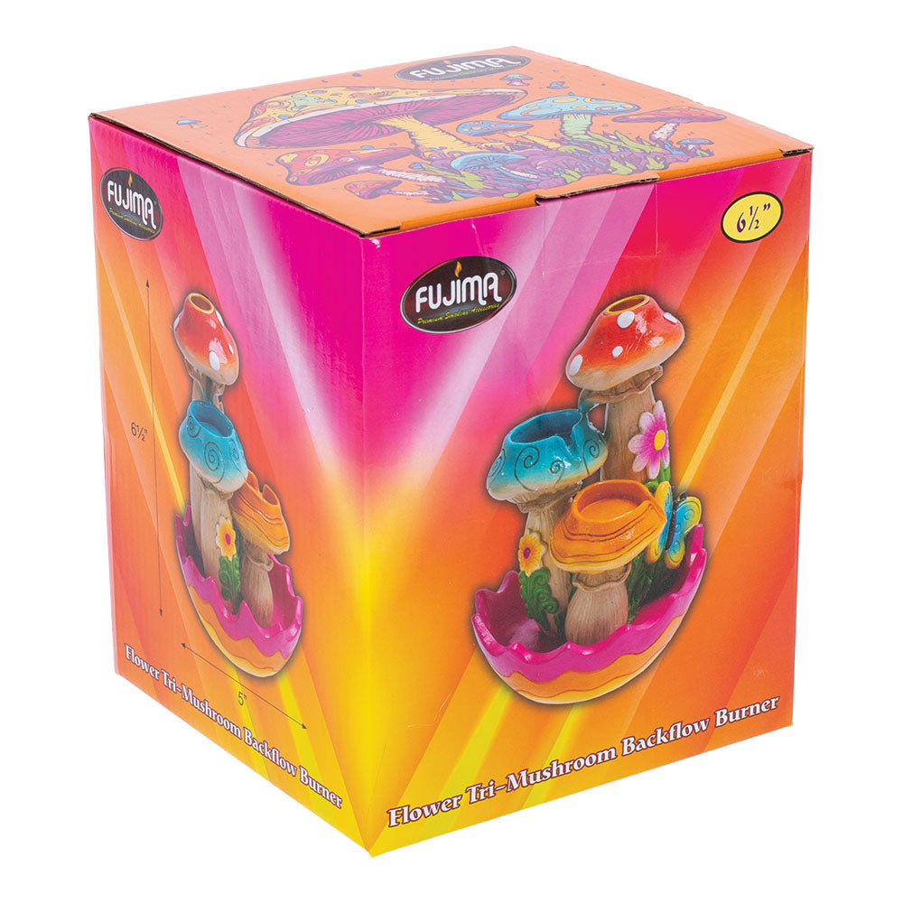 Fujima Tri-Mushroom Flower Backflow Incense Burner in box, vibrant colors, 6.5" height