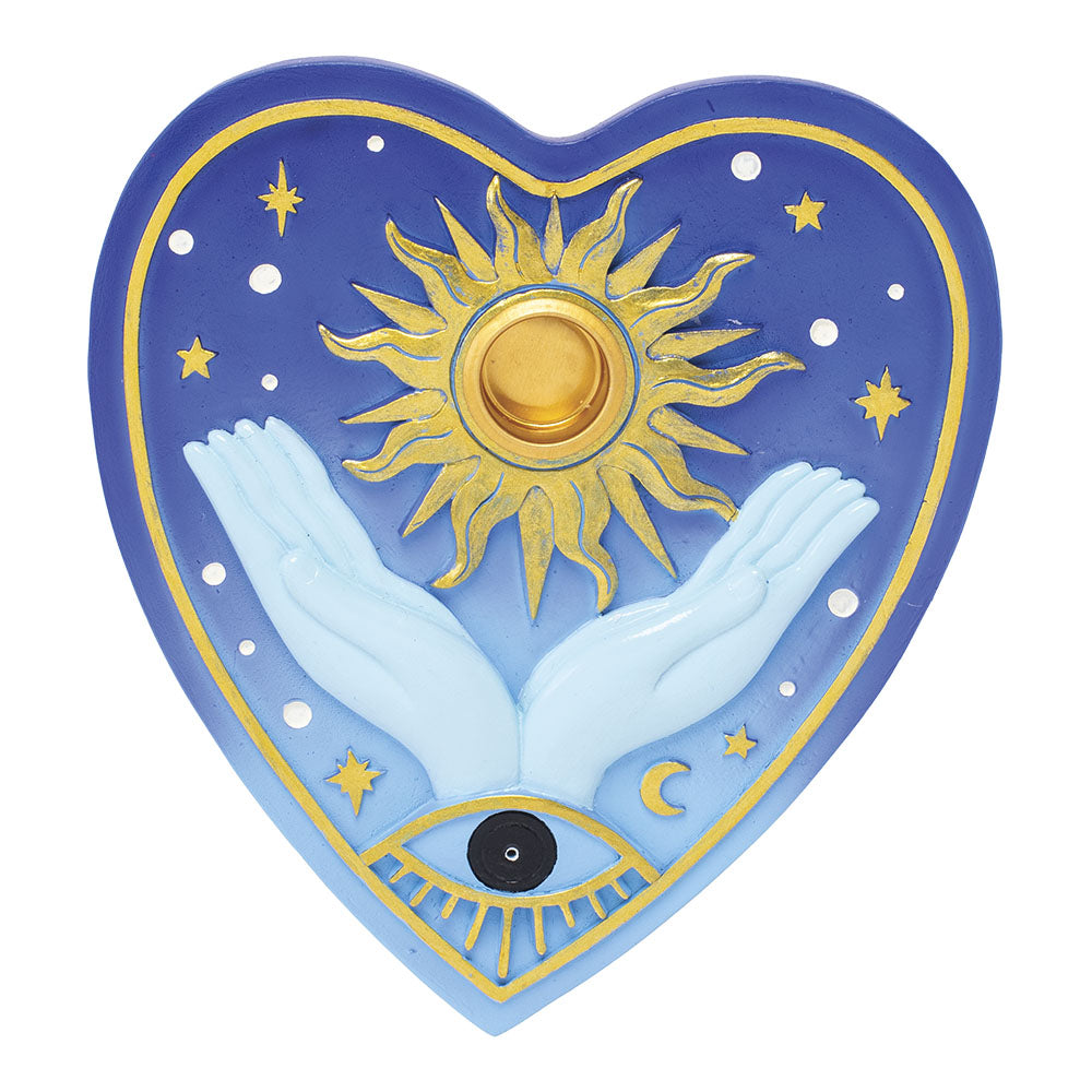 Fujima 6" Sun Heart Flat Incense Burner, celestial design with hands and eye, front view on white background