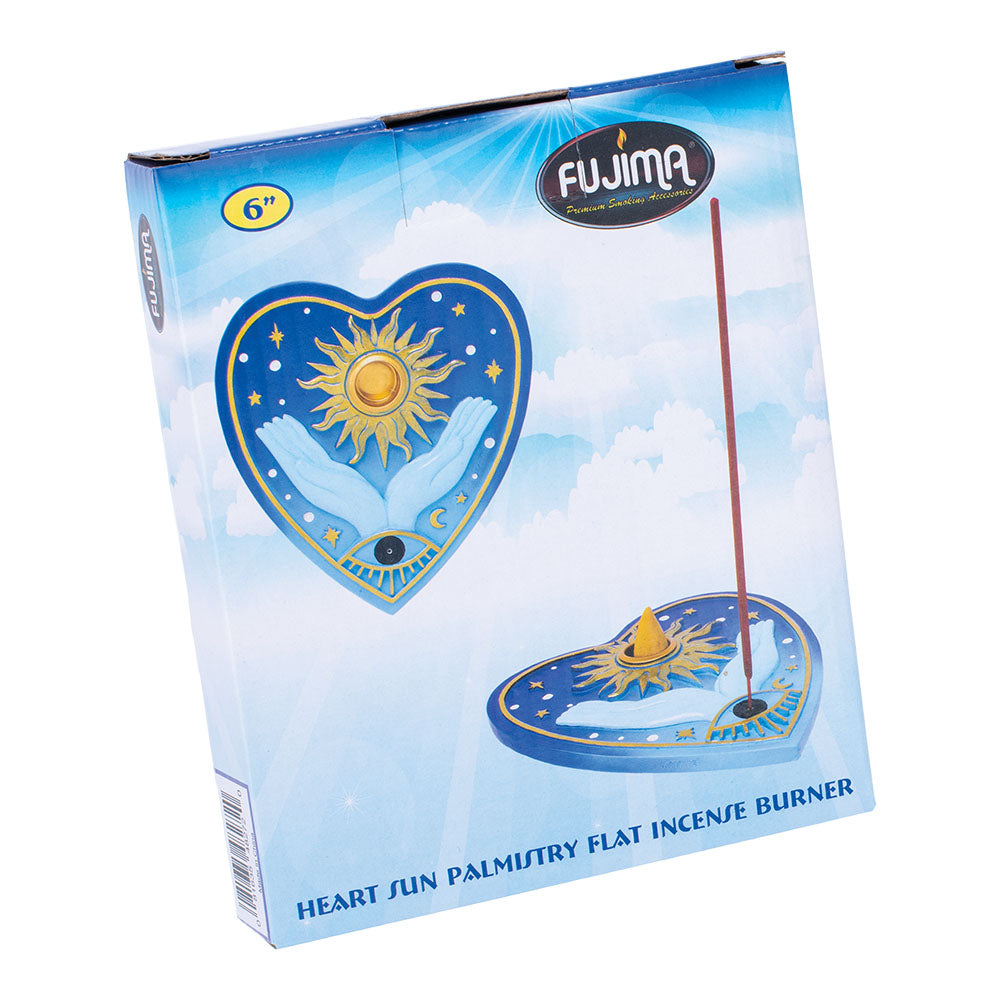 Fujima 6" Sun Heart Flat Incense Burner packaging, celestial design, ideal for stoner-mom home decor