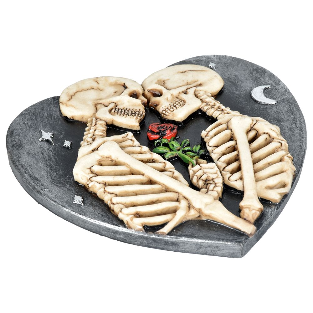 Friends Until The End Incense Burner, polyresin skeletal figures on heart-shaped base, top view