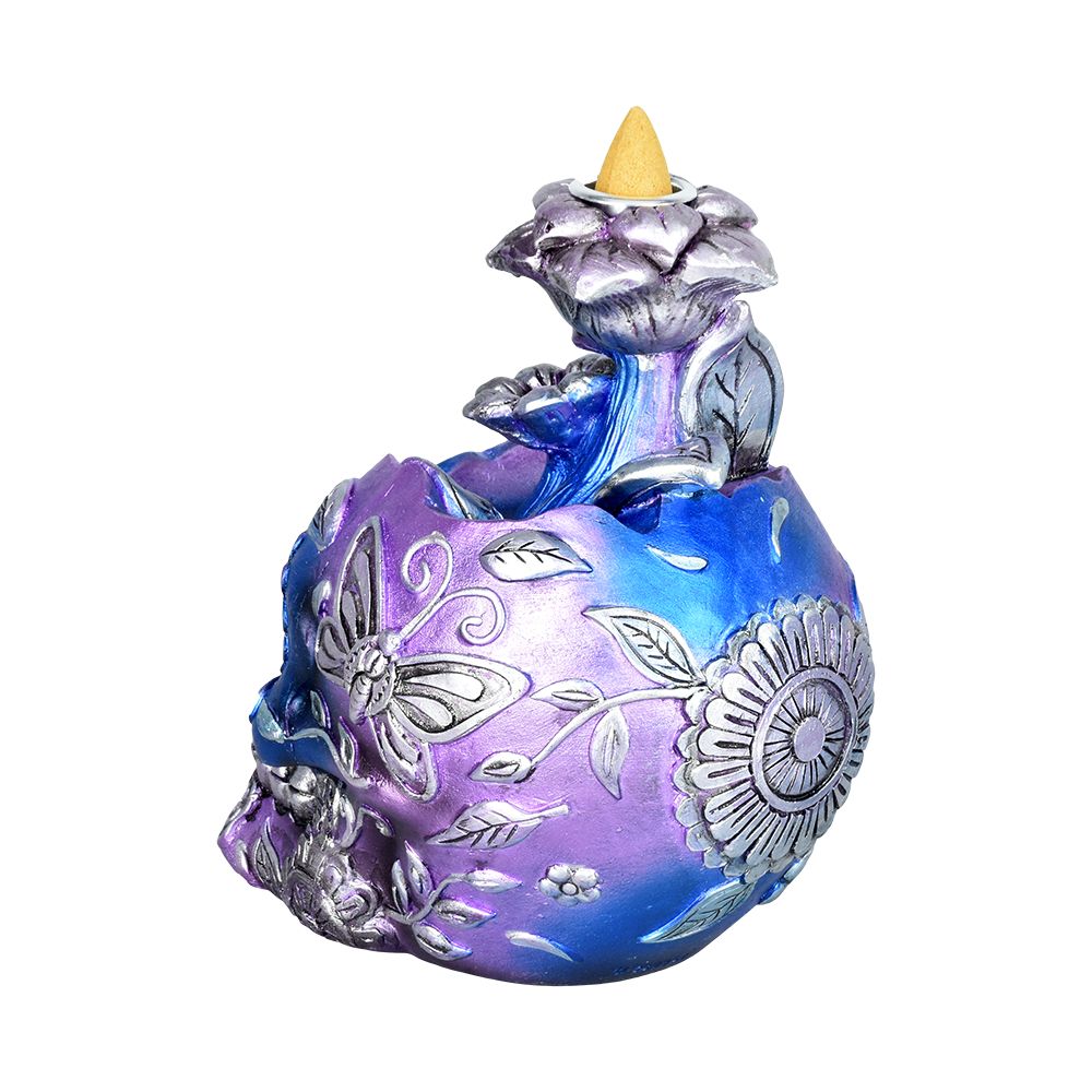 Electro Sugar Skull Back Flow Incense Burner with vibrant blue and purple hues - 6"