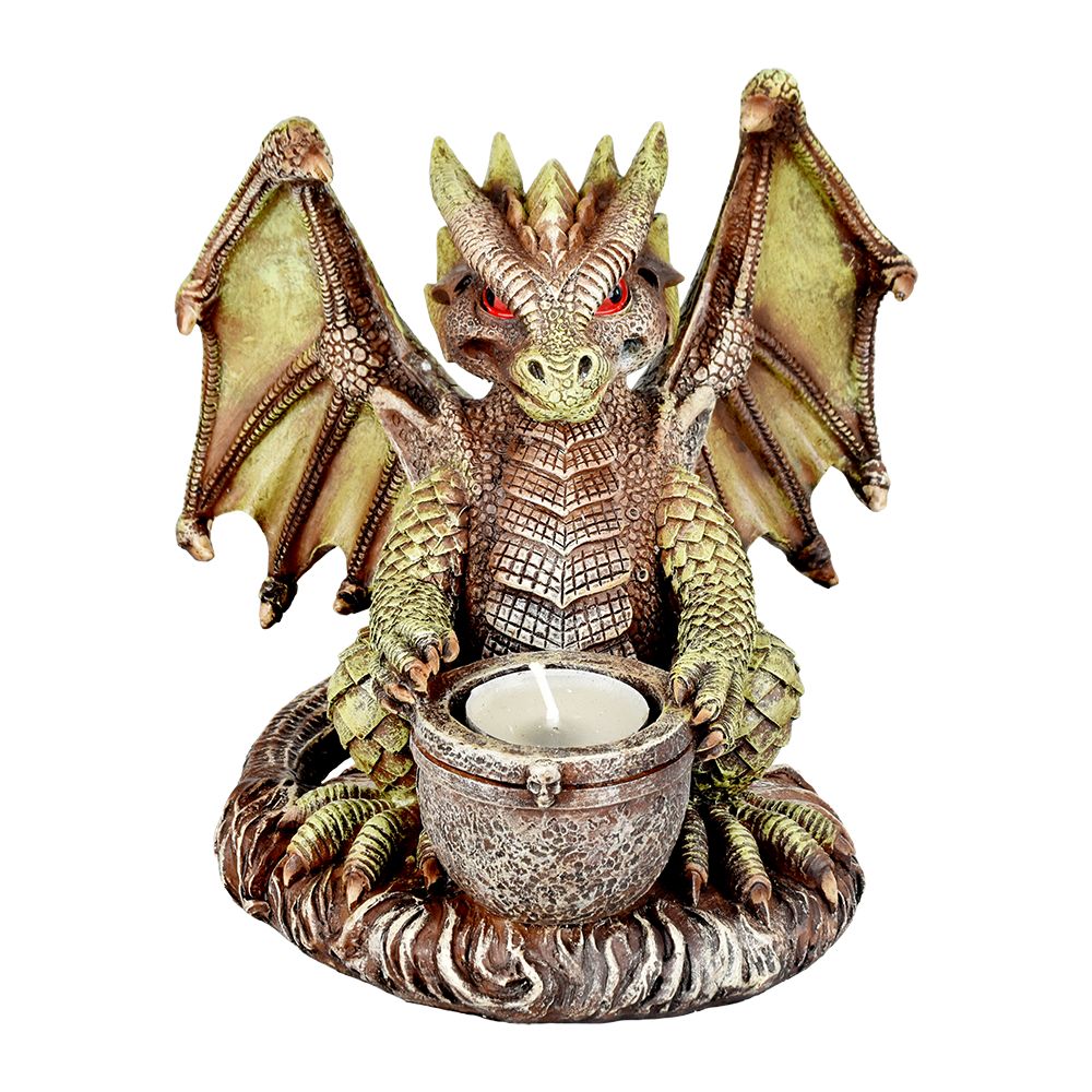 Rascally Dragon Polyresin Votive Candle Holder, 6.5" Figurine, Front View on White Background