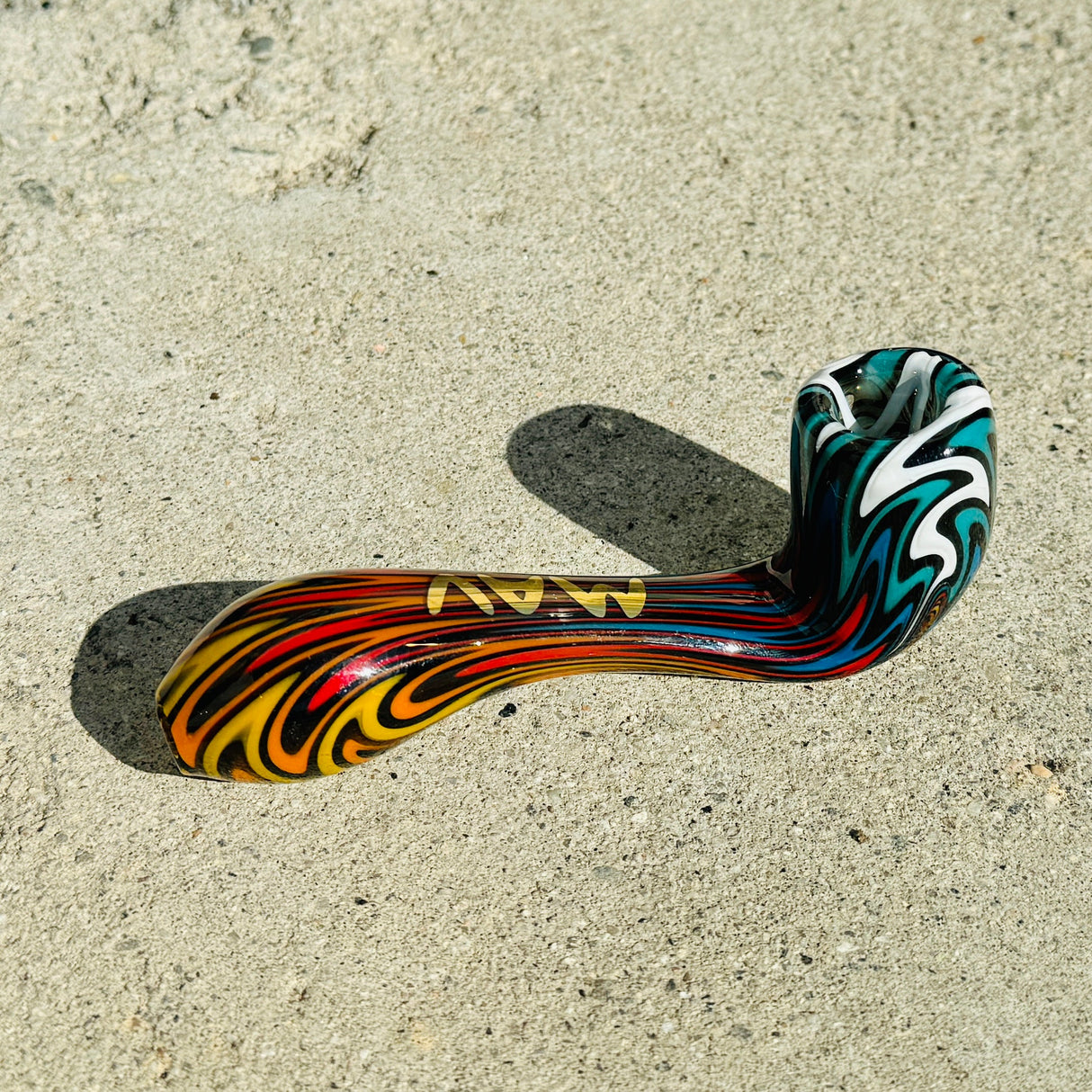MAV Glass Wig Wag Golden 5β Sherlock Hand Pipe with Colored Swirls, Top View