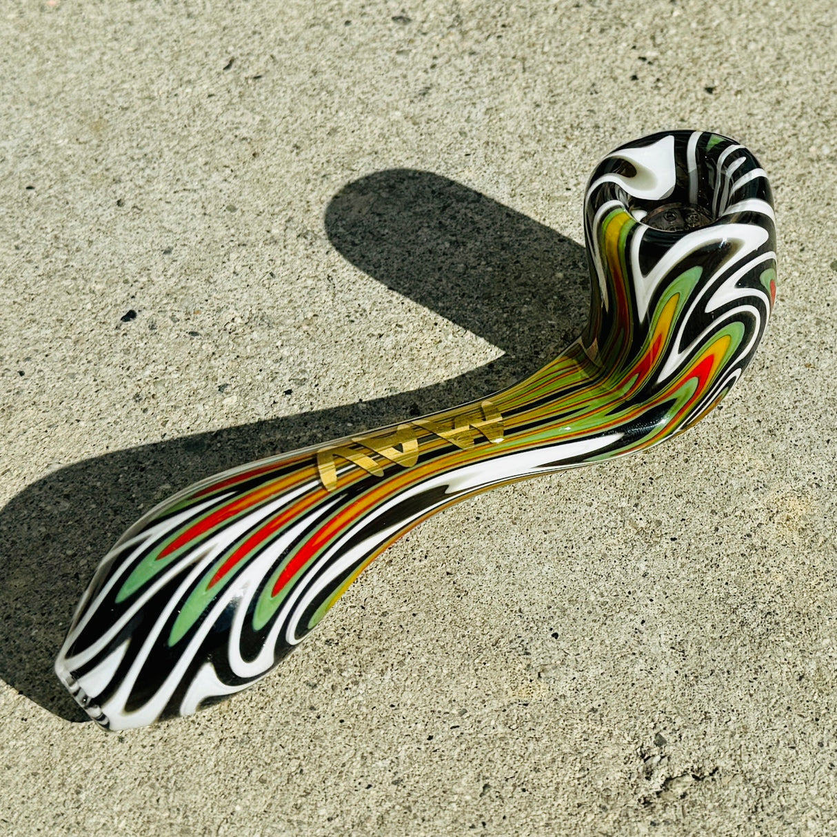 MAV Glass Wig Wag Golden 5β Sherlock Hand Pipe with Colored Swirls - Top View