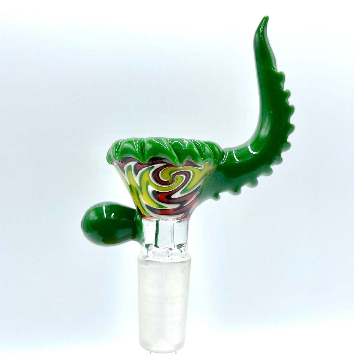 Lucky Goat Rasta Horn Glass Bowl 14mm with swirling colors, front view on white background