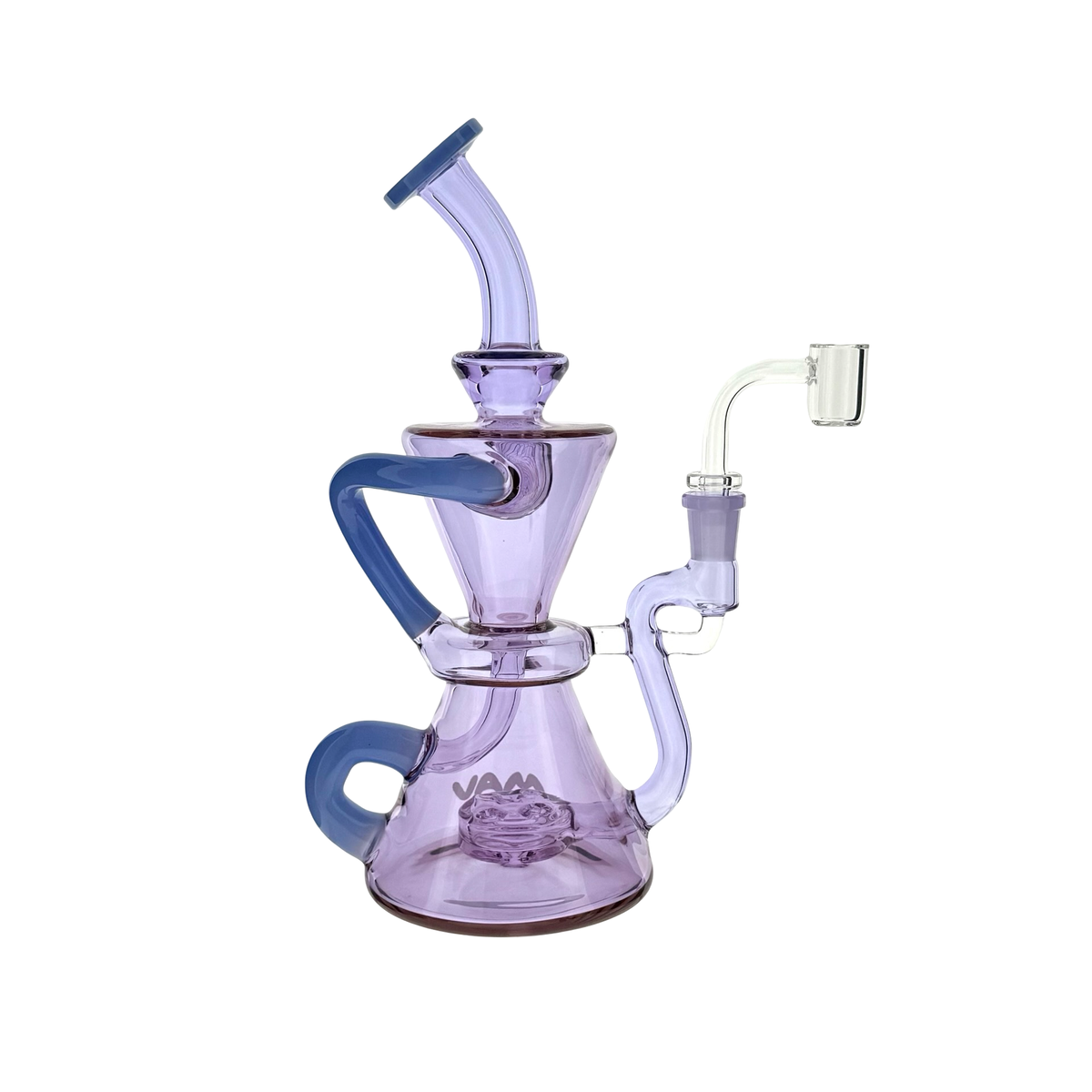 MAV Glass Beverly SUBTL x BELSAR 9" purple recycler dab rig, reverse view with banger on the right side