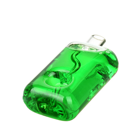 Compact green glycerin-filled hand pipe for dry herbs, 3.75" borosilicate glass, angled side view