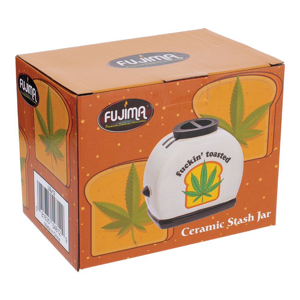 Fujima Fuckin' Toasted Ceramic Stash Jar in Box - Front View with Cannabis Leaf Design